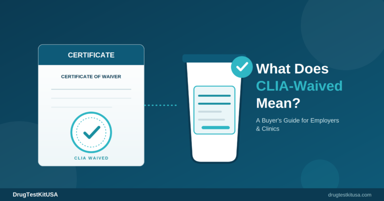 Illustration of a CLIA certificate of waiver next to a drug test cup, representing what CLIA-waived means