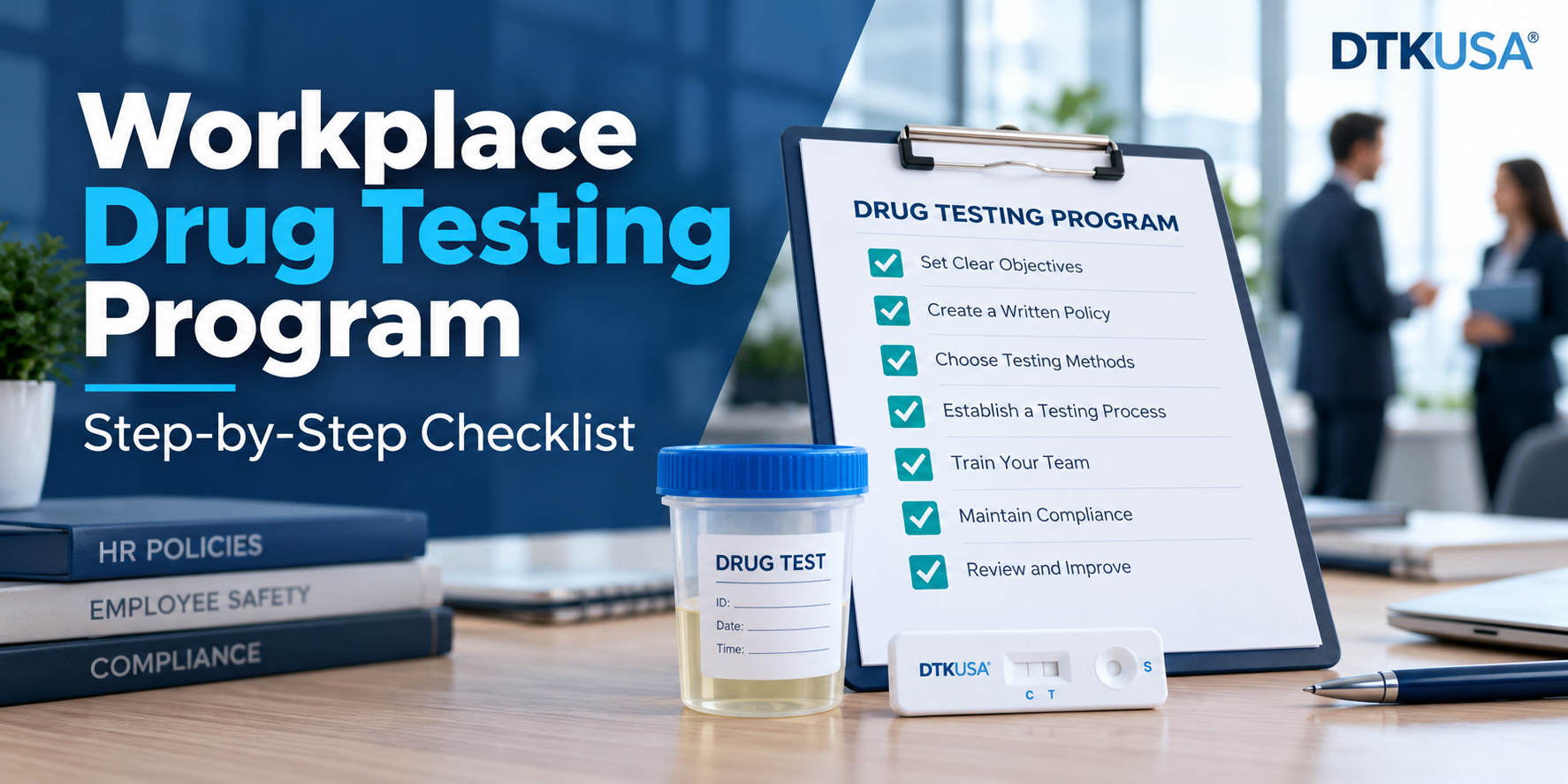 Workplace drug testing program checklist with drug test supplies, employee safety policies, and HR compliance steps